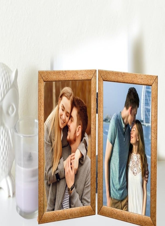 KDM HOME DECOR إطار صور قابل للطي من KDM HOME DECOR، مقاس A5 (6x8 بوصة)، مصنوع من الخشب الصناعي المرن والزجاج (أكريليك)، مع حامل طاولة قابل للطي (يتسع لصورتين مقاس 6x8 بوصة)، بنقشة مميزة ولون ذهبي. - Image 1